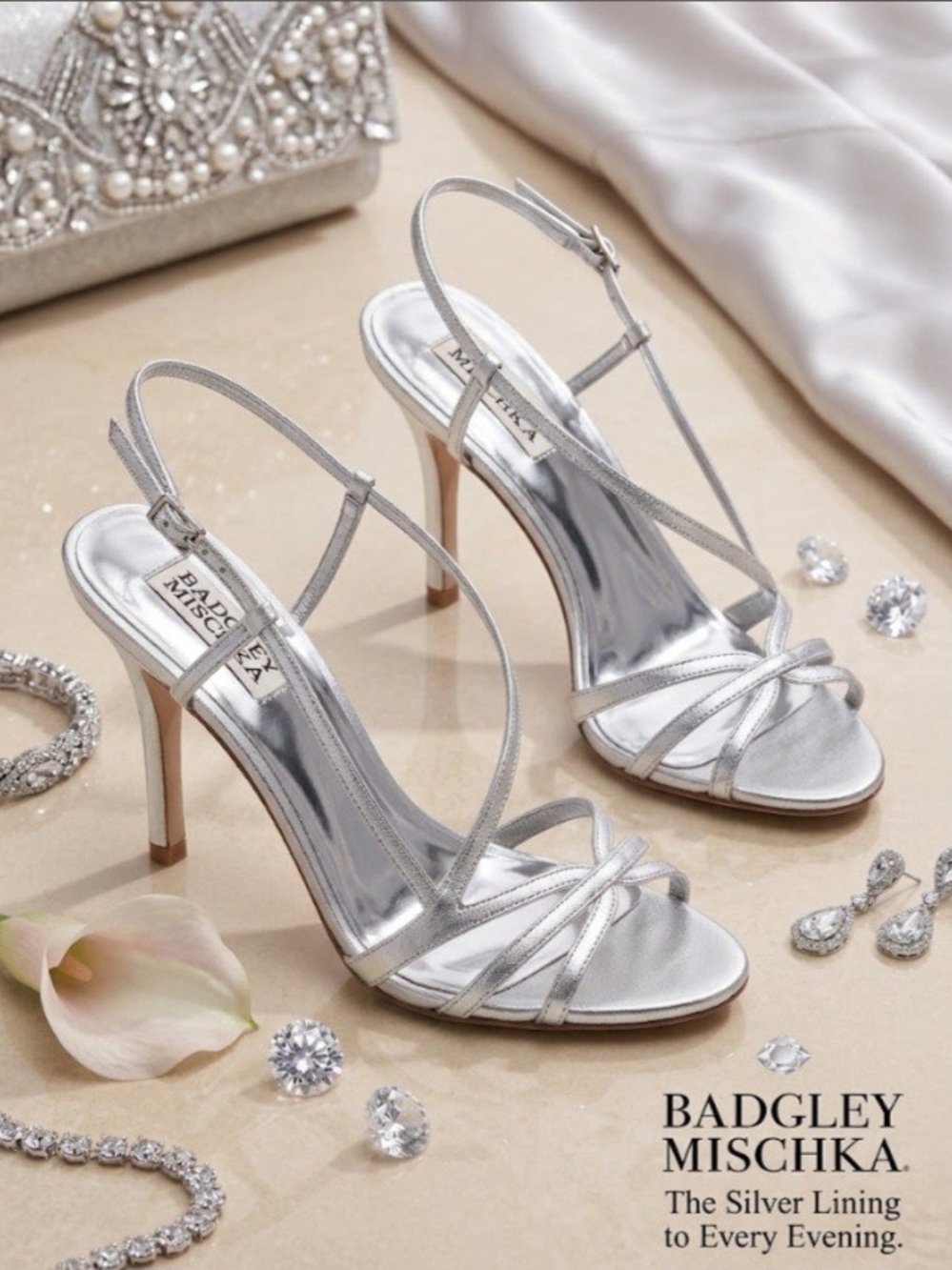 Badgley Mischka Silver Metallic Strappy Low Heels - Size 8.5M